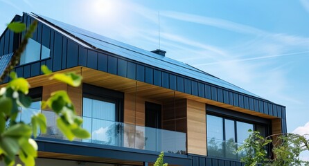 Eco-friendly modern home with solar panels and clear blue sky. Green energy house with photovoltaic roof. Sustainable living and renewable clean energy.