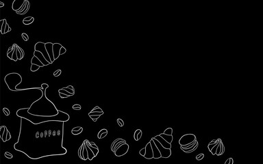 White silhouette of coffee mill with pastry on black background