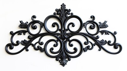 a decorative black wrought iron flourish on a white background, a striking visual focal point, perfect for adding sophistication to any interior decor.