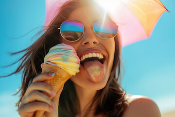 Cheerful, young woman eating colorful ice cream and sticking tongue out