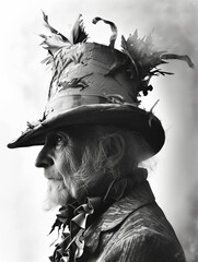 Black and white image of a man wearing a crazy hat with feathers