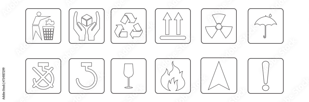 Aufkleber common packaging warning symbol outline set. flat line style icons with frame, recycle, handle with 