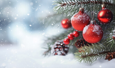 Fototapeta na wymiar Beautiful red christmas decoration balls in amazing snow