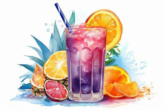Illustration of a refreshing tropical summer cocktail with watercolor painting of tropical fruits. Generative AI