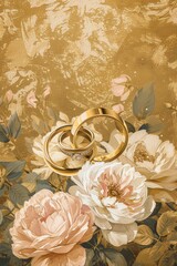 Three golden wedding rings resting on an ornate floral tapestry with intricate designs.