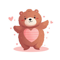 Valentine's day vector illustration bear with a heart on its belly on white background for sticker, print, poster, postcard