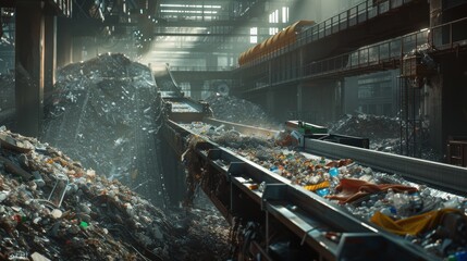 Hazy atmosphere inside a recycling plant showing the vast conveyor system managing waste. - obrazy, fototapety, plakaty