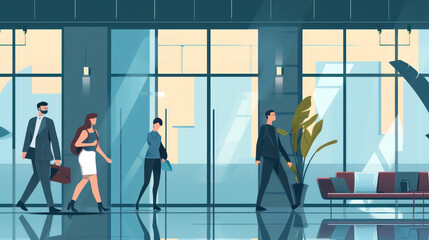 Goal. abstract business people crowd walking at corporate office building in city downtown, business online marketing, employment, business finance center company concept, flat style illustration