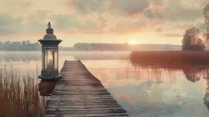 Foto op Canvas Atmospheric sunrise over a misty lake viewed from a wooden jetty with an ornate lantern, symbolizing hope and tranquility. © Artsaba Family