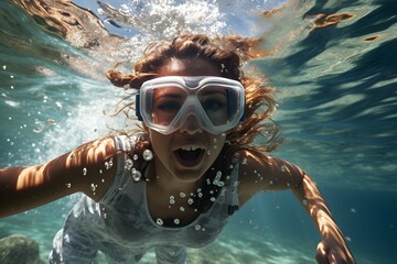 Naklejka premium Woman having fun snorkeling while on summer vacation
