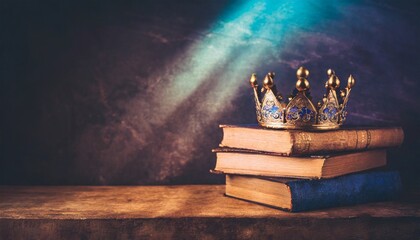 low key of beautiful queen king crown on old books vintage filtered fantasy medieval period