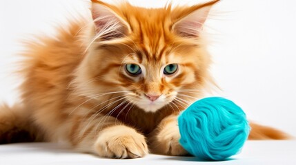 A ginger kitten on a white background with a ball of yarn.