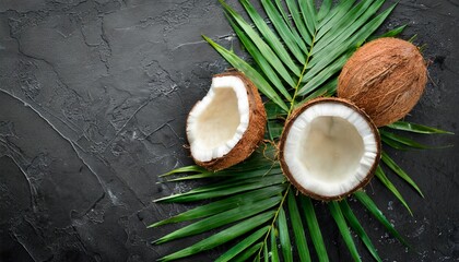 Fototapeta na wymiar coconut with palm leaves on a black stone background tropical fruits nut top view free space for your text