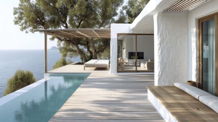 island home with a minimalist architectural style, a wood deck with an infinity pool, slatted wood pergola, the elegant simplicity and natural charm of the residence.