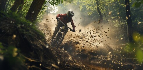 Mountain biker in action, speeding down a dirt trail in a sun-dappled forest, showcasing dynamic motion and sport.