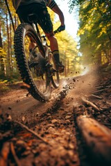 Naklejka premium Close-up of a mountain bike tire kicking up dust on a dirt trail during an autumn ride in the forest.
