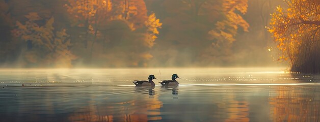 Fototapeta premium a pair of Wood Ducks gracefully gliding along the tranquil waters next to the shore of a mountain lake, illuminated by the soft hues of early morning light.