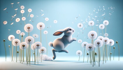 bunny chasing white dandelions, set against a blue pastel background