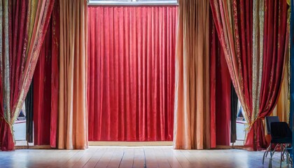 scene background red curtain on stage of theater or cinema slightly ajar