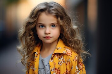 Portrait of a beautiful little girl with long curly hair in a yellow coat.