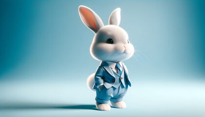 bunny in a blue suit, set against a pastel blue background