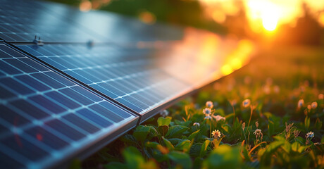 Fototapeta premium Beautiful close-up image of solar panels cells lit with early morning sunrise light lying on green grass. New green Renewable energy, generation, transmission and storage industry concept image.