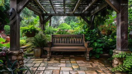 Obraz premium Serene outdoor ambiance - stylish garden bench on a neat patio image