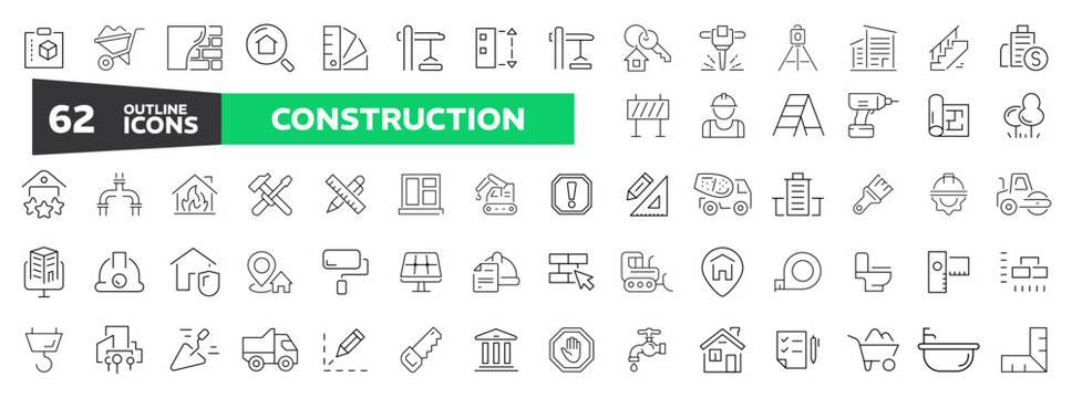 Construction outline icons collections 62 web icons set. construction, home repair tools. Thin line web icons collection. Simple vector illustration