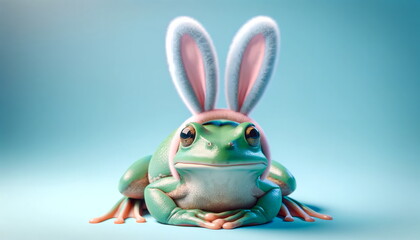 frog wearing bunny ears, set against a pastel blue background