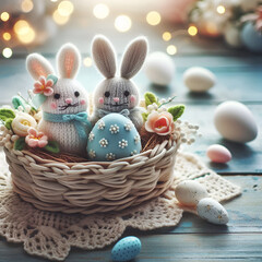 Background with easter decor, eggs and flowes. AI