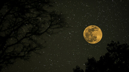 Enchanting Full Moon Night Sky, Twinkling Stars Peeking Through Silhouetted Branches, Mystical Nocturnal Landscape