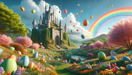 Foto op Aluminium giant castle with colorful eggs raining and rainbows in the distance in a spring paradise © Qrisio