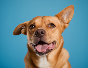 Smiling beige mongrel dog. on a colored background