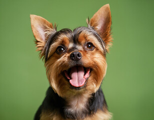 yorkshire terrier puppy on green background - obrazy, fototapety, plakaty