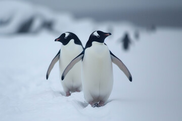 Obraz premium Arctic Ambassadors: Penguins Trekking Through Snow