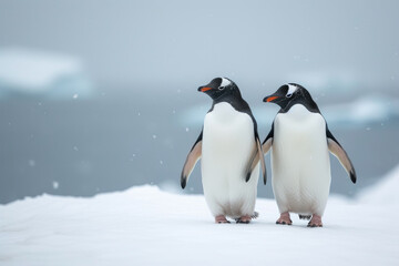 Fototapeta premium Wintry Wanderers: Penguins on Snowy Path