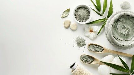 an exfoliating scrub enriched with green clay and natural ingredients, with a beauty mask delicately applied on a clean white background, inviting viewers to indulge in self-care.