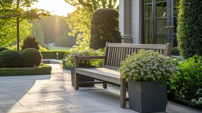 Serene outdoor ambiance - stylish garden bench on a neat patio image