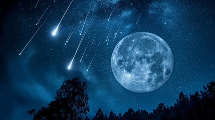 Fototapeta na wymiar Majestic Full Moon and Meteor Shower Over a Tranquil Forest - A Night Sky Spectacle