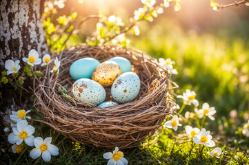 Nest with colorful Easter eggs in a spring garden on a flowering tree
