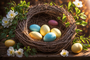Fototapeta na wymiar Nest with colorful Easter eggs in a spring garden on a flowering tree