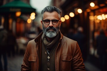 Portrait of a handsome bearded man in glasses and a brown leather jacket. - obrazy, fototapety, plakaty