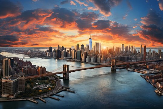 Aerial panoramic cityscape sunset view of new york City skyline