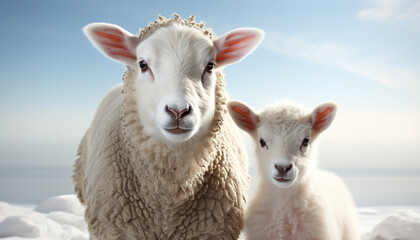 Fototapeta premium Cute lamb grazing in snowy meadow, innocence in nature generated by AI