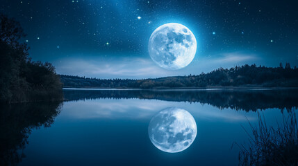 Majestic Full Moon and Twinkling Stars Reflected in the Serene Waters of a Forest Lake