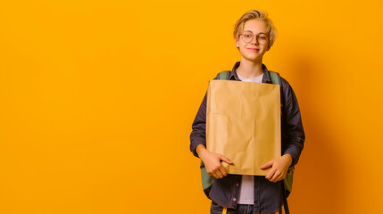 Concept - back to school, smiling teenager in glasses with backpack and poster with empty space, bright yellow background with copy space - Powered by Adobe