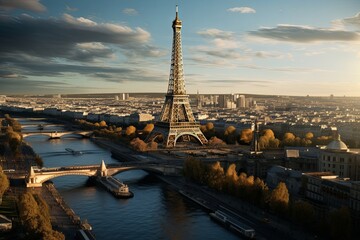 Paris aerial panorama with river Seine and Eiffel tower France, buildings and landmarks with sunset sky background