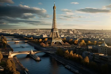 Zelfklevend Fotobehang Paris aerial panorama with river Seine and Eiffel tower France, buildings and landmarks with sunset sky background © pixeness