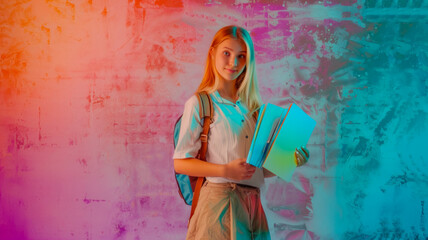 Smiling teenager, blonde girl with a backpack and notepads in a school uniform on a bright neon background, back to school concept