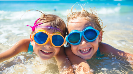 Kids in swimming goggles having fun splashing in the sea. bright sunlight blue sky. Summer activities